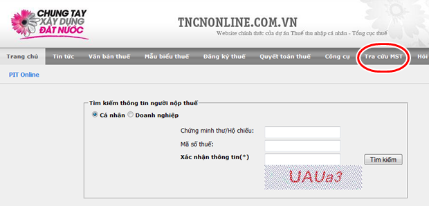 tra cứu thông tin người nộp thuế trên tncnonline.com.vn