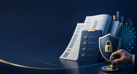 Checklist kiểm soát AI cho phòng kế toán với biểu tượng bảo mật và phê duyệt của con người