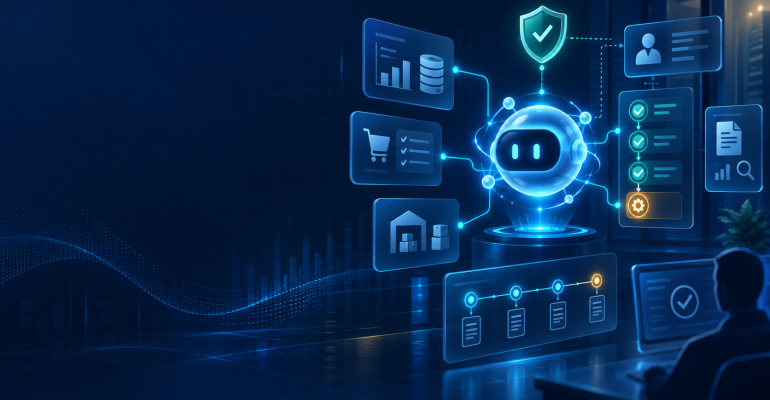 Minh họa AI Agent hoạt động trong ERP dưới sự kiểm soát nội bộ
