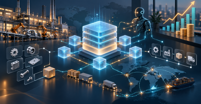 Minh họa nền dữ liệu Master Data cho doanh nghiệp sản xuất và AI Agent