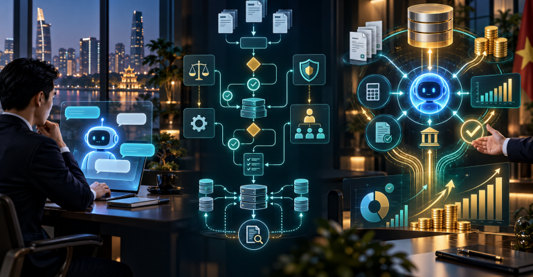 Minh họa nền dữ liệu Master Data cho doanh nghiệp sản xuất và AI Agent