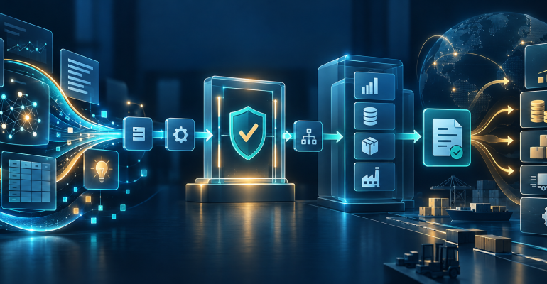Minh họa luồng chuyển đổi từ insight AI qua workflow và phê duyệt đến transaction và outcome